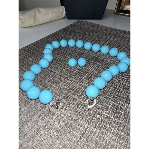 Set Turquoise Colored Lucite Bead Necklace Earrings Rhinestone Bead Closure - Picture 6 of 9